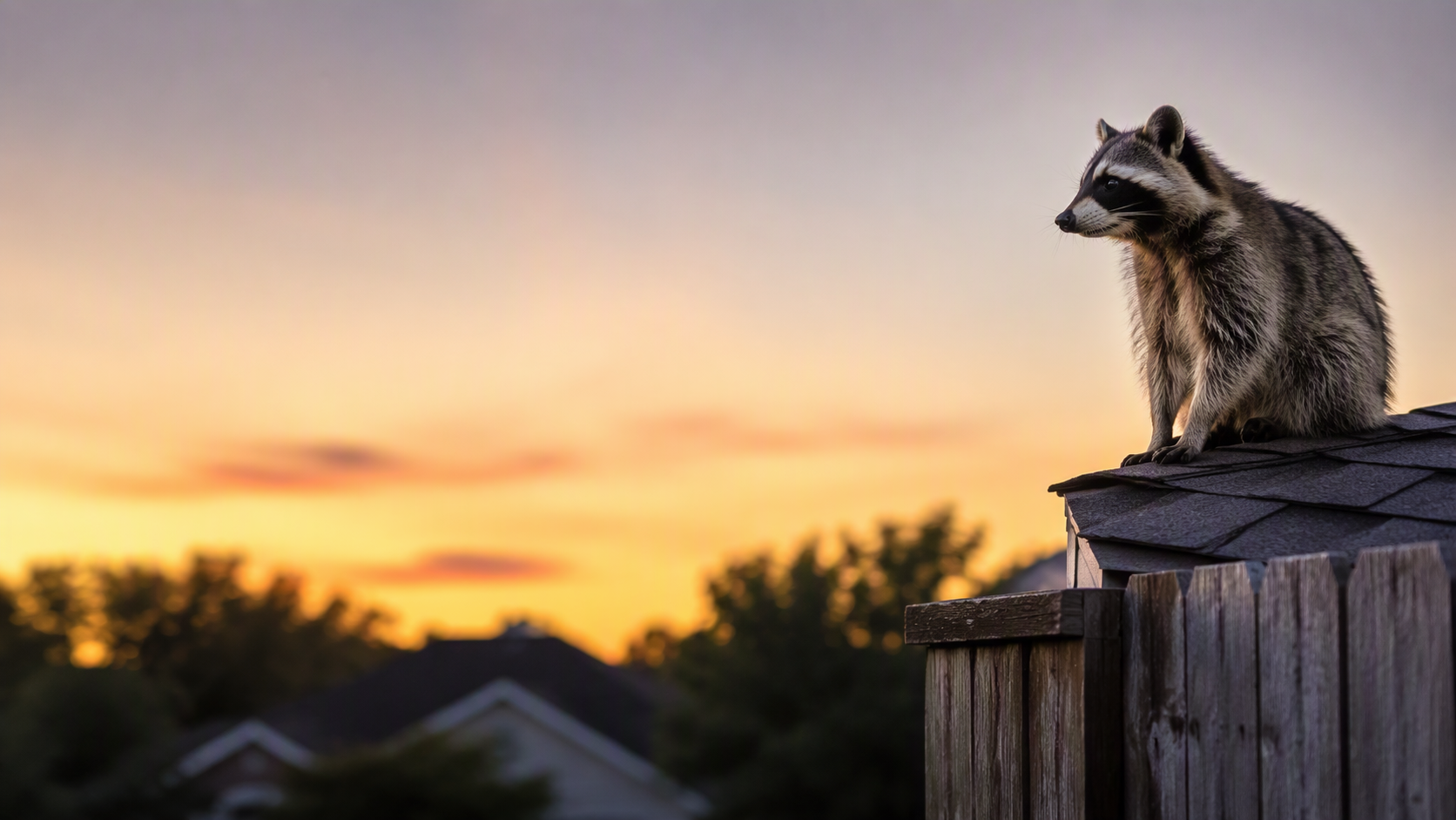 Raccoon peeking over a wooden fence