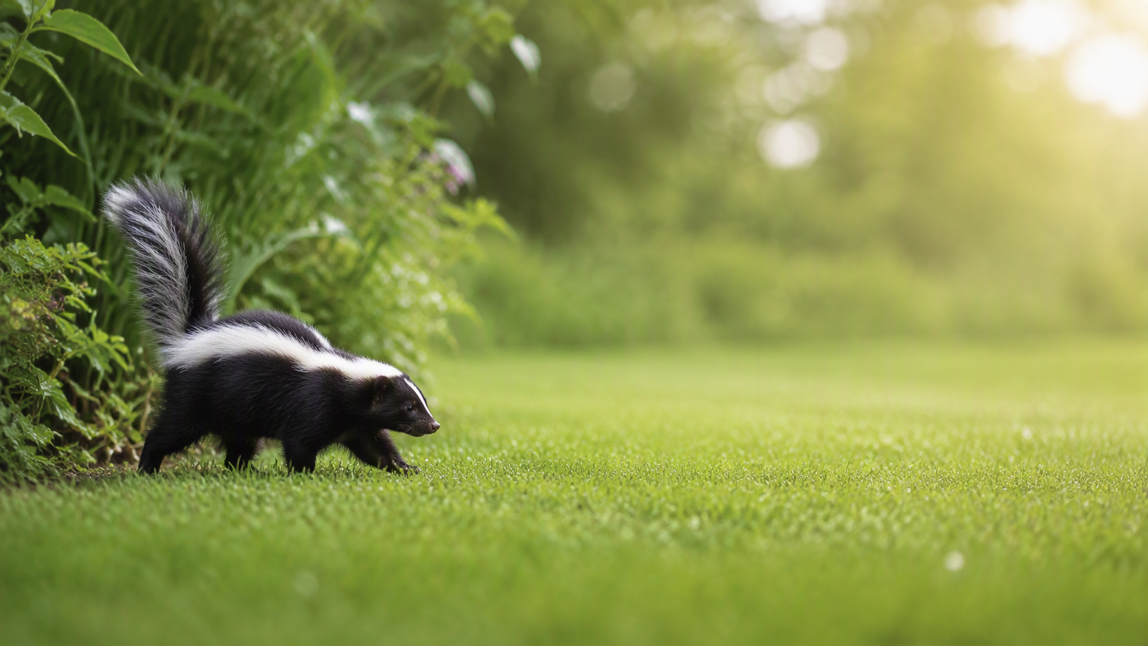 Skunk walking through a backyard lawn
