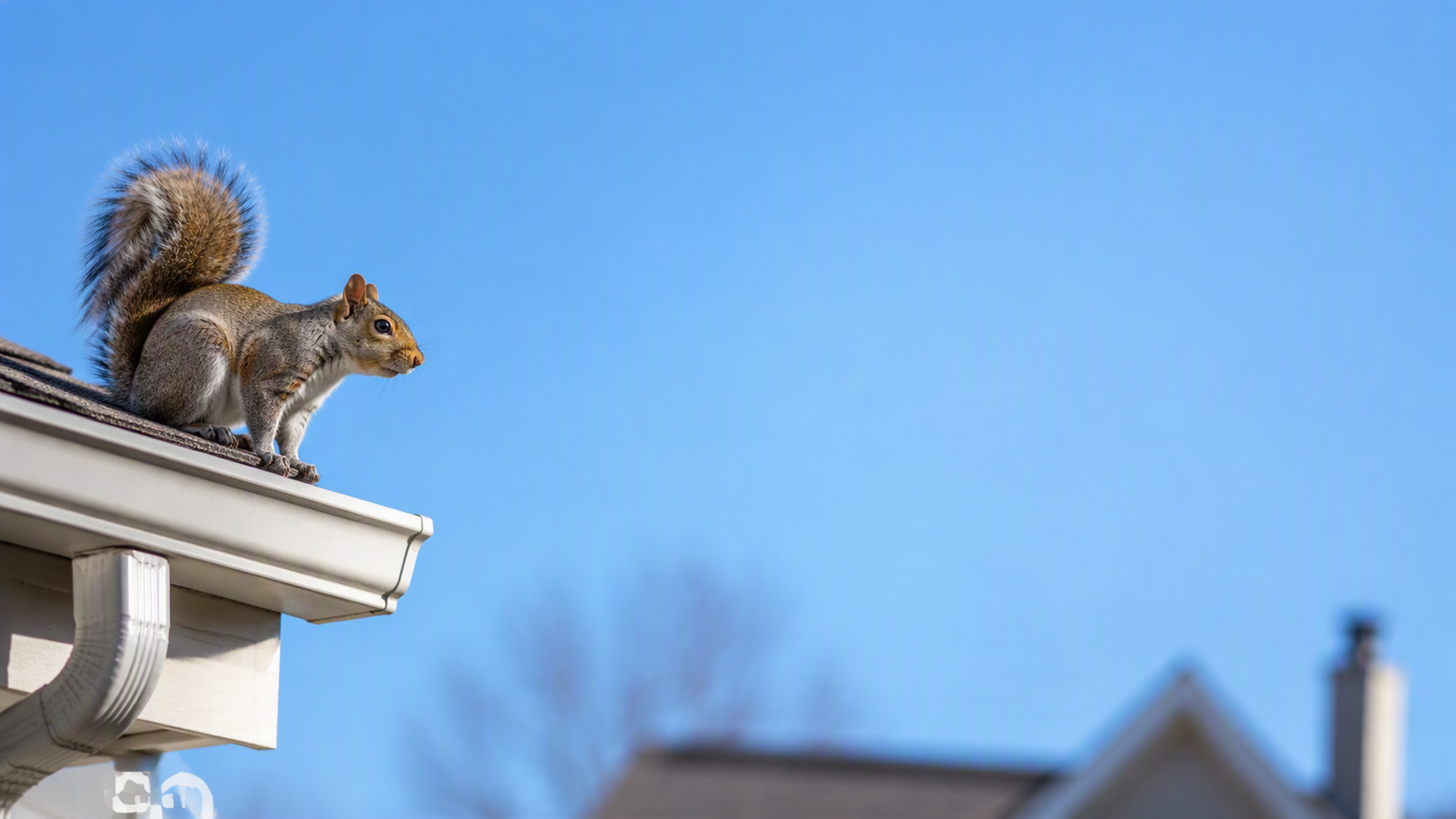 Squirrel sitting on a house roofline